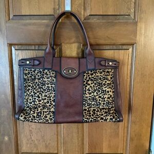 Fossil Brown and Leopard Print Tote